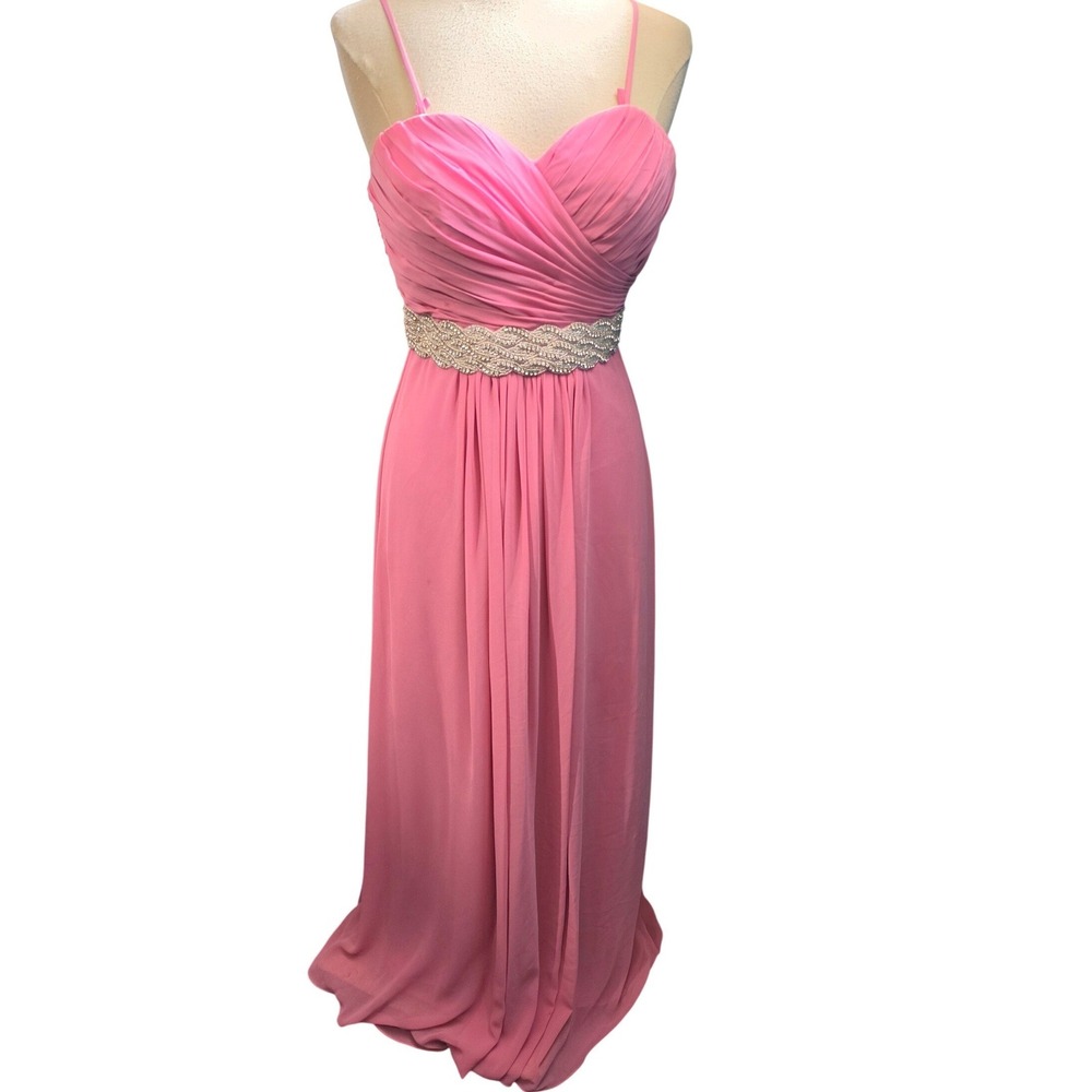 Bill Levkoff 1118 Pink Chiffon Ruched Sweetheart Gown Rhinestone Waist Size 4‎